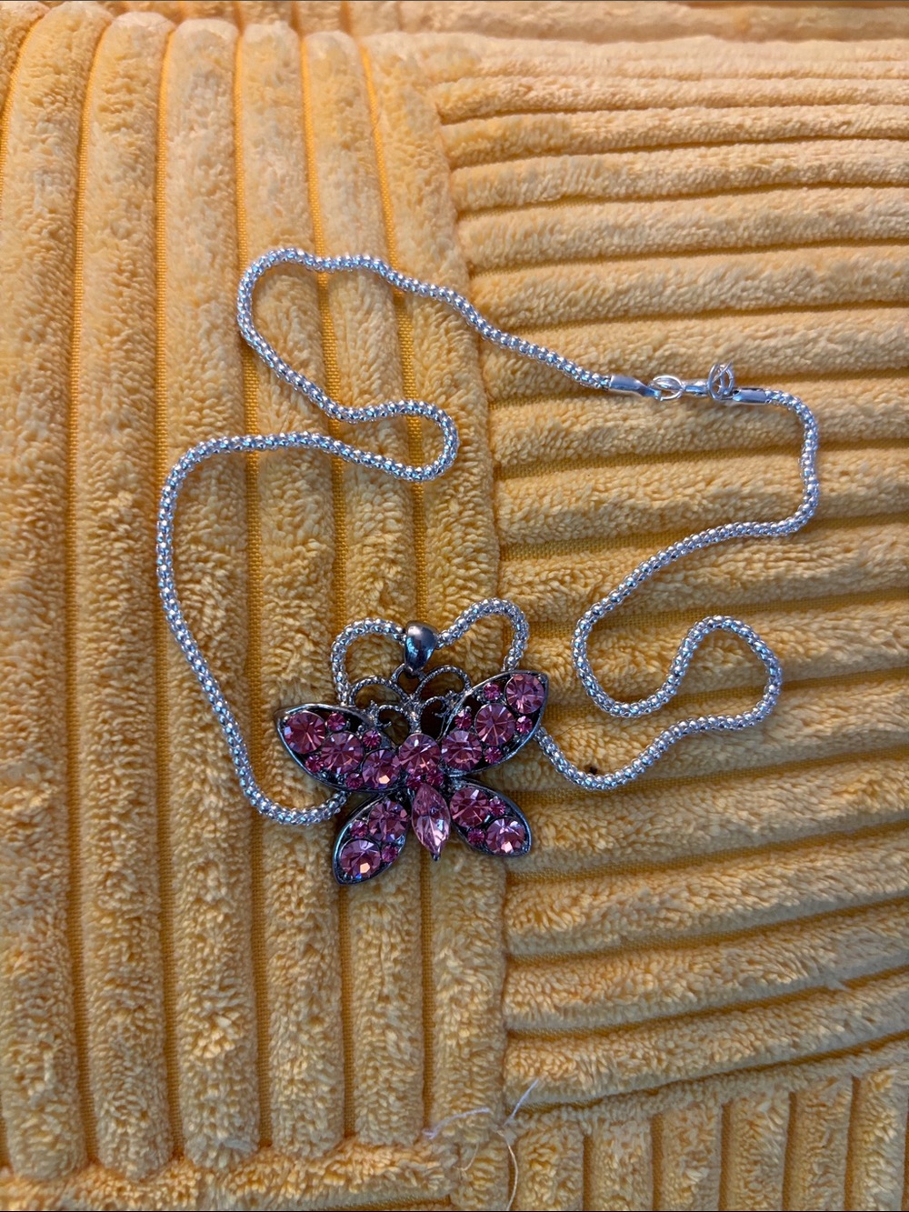 Silver Necklace with Pink Crystal Butterfly Pendant